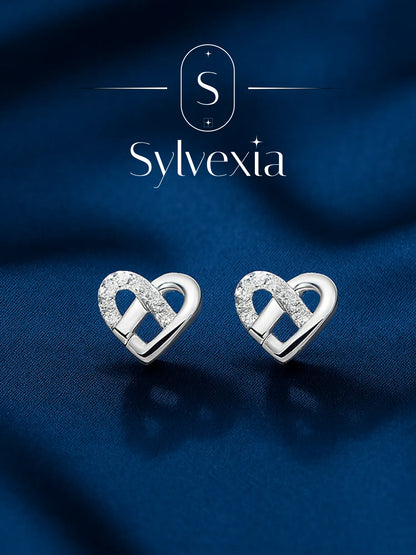 Sylvexia Silver Interlocked Heart Crystal Stud Earrings