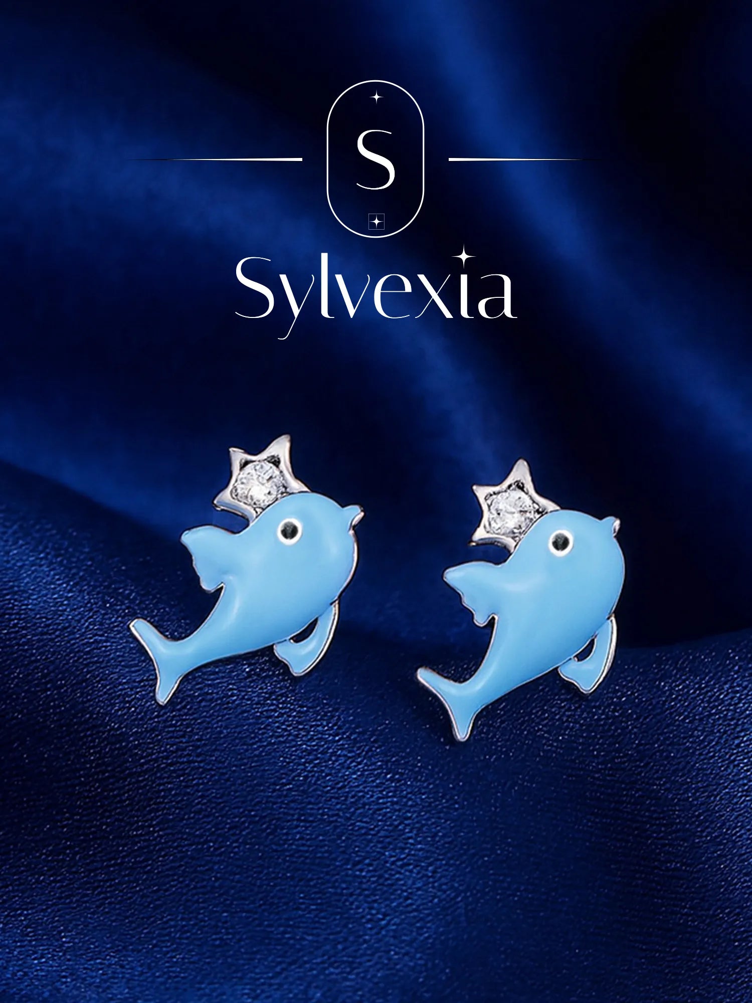 Sylvexia Silver Blue Dolphin Star Stud Earrings