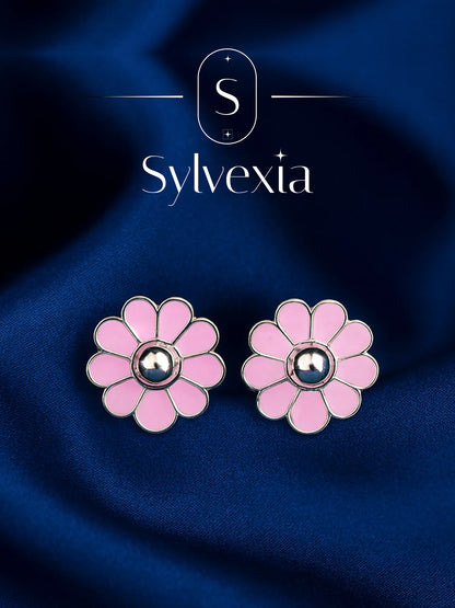 Sylvexia Silver Pink Blossom Stud Earrings