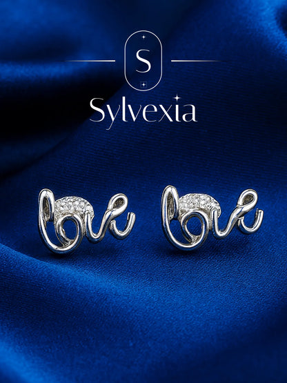 Sylvexia Silver Love Script Crystal Stud Earrings
