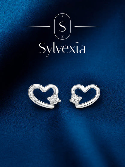 Sylvexia Silver Open Heart Cluster Crystal Stud Earrings