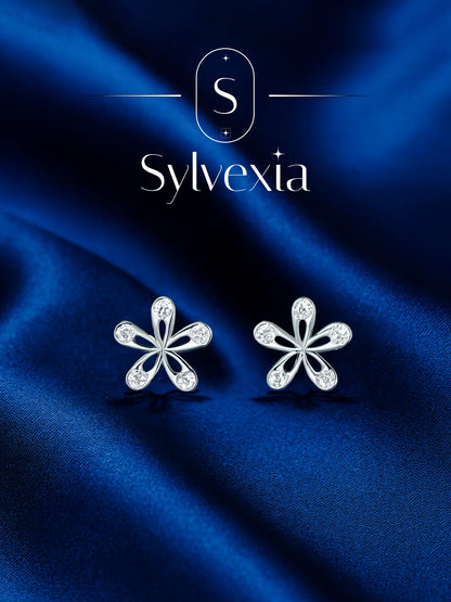 Sylvexia Silver Floral Crystal Stud Earrings
