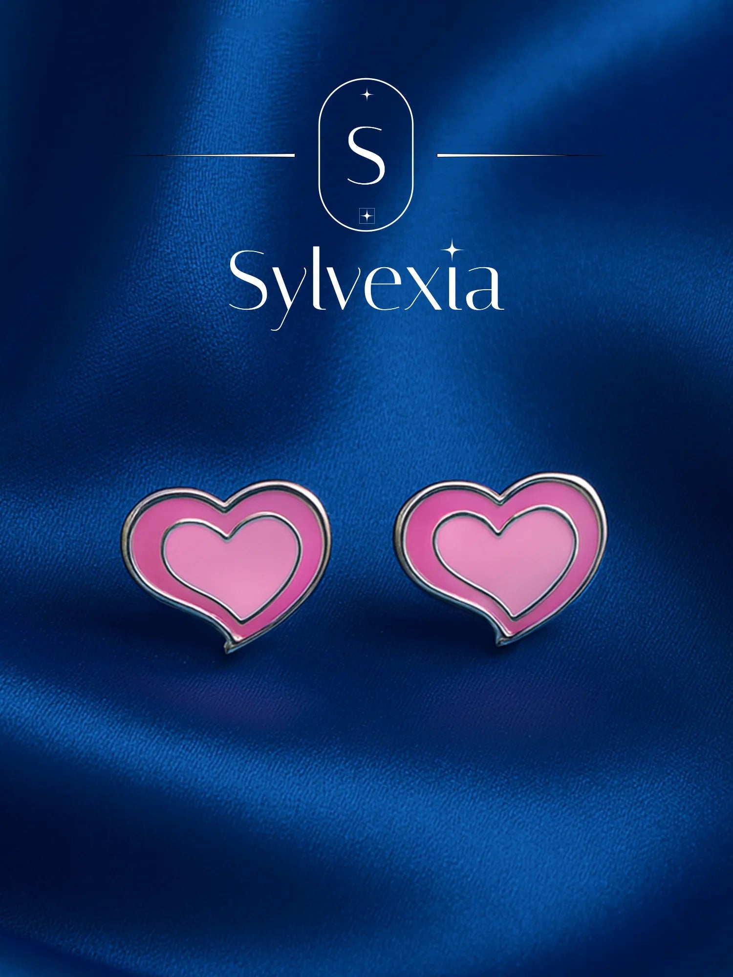 Sylvexia Silver Pink Heart Enamel Stud Earrings