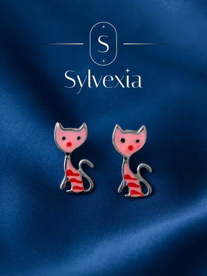 Sylvexia Silver Pink Cat Charm Earrings | Cute Cat Design Dangle Earrings for Women & Girls