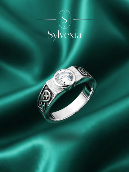 Sylvexia 925 Sterling Silver CZ Stone Designer Ring for Men