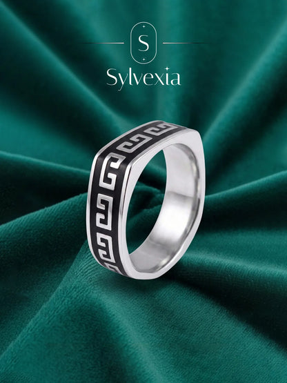 Sylvexia Black Pattern Silver Ring for Men | Minimal Designer Ring