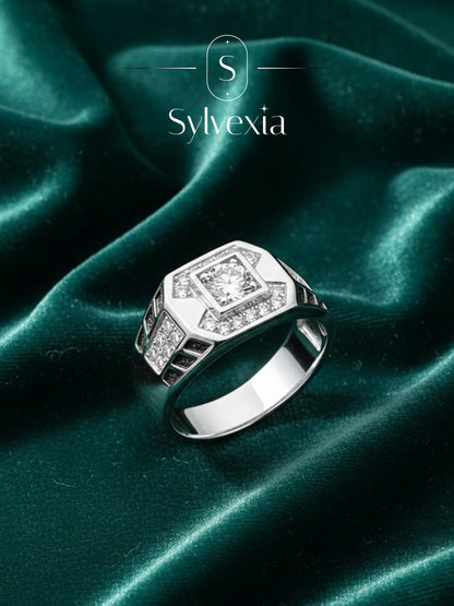 Sylvexia Men’s Silver Square Diamond Ring Stylish