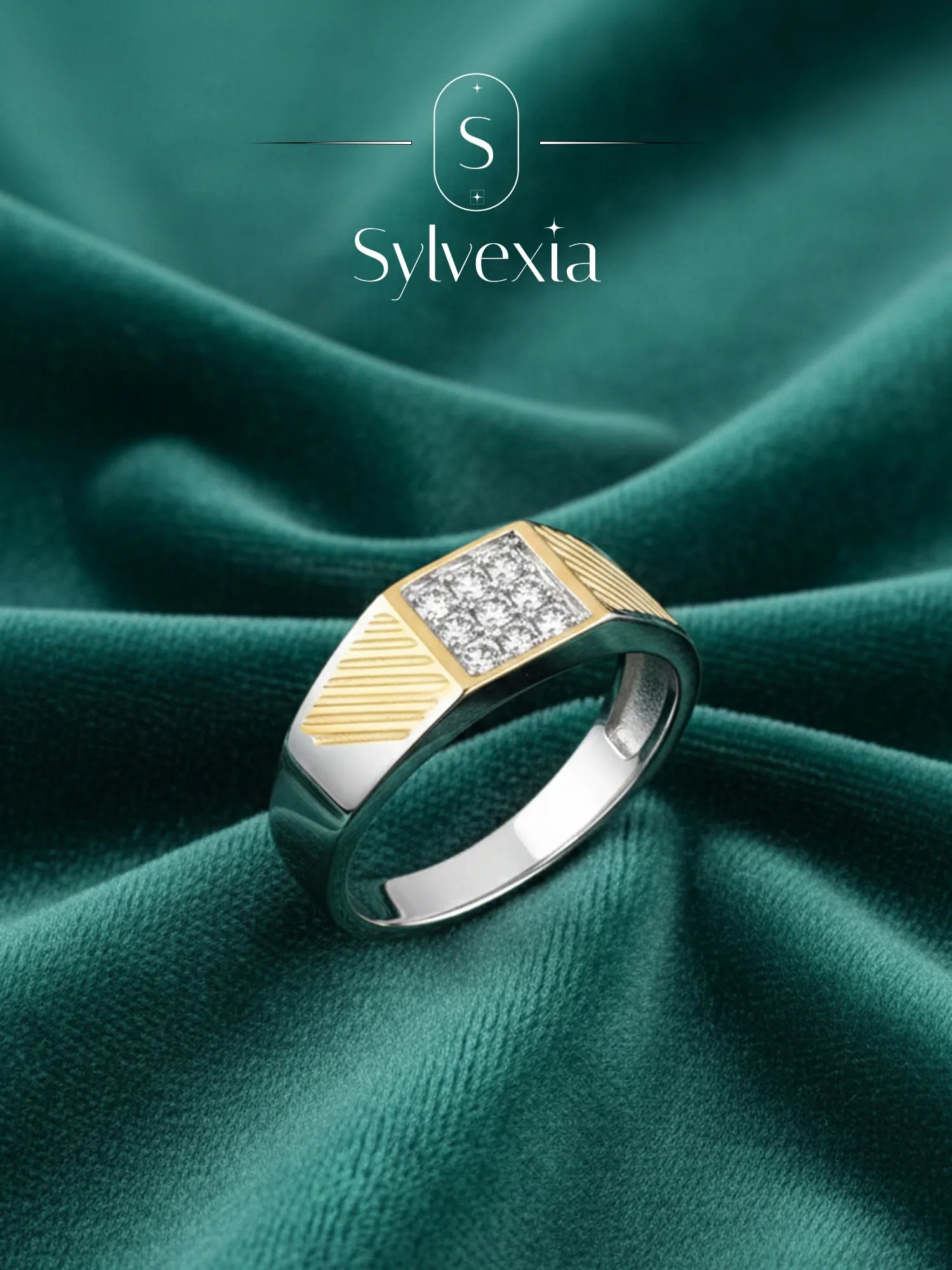 Sylvexia 925 Sterling Silver Two Tone CZ Square Ring for Men | Gold & Silver Band