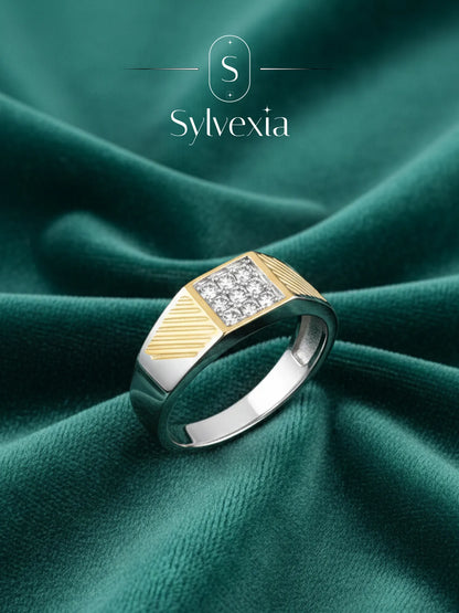 Sylvexia 925 Sterling Silver Two Tone CZ Square Ring for Men | Gold & Silver Band