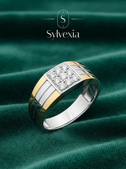 Sylvexia 925 Sterling Silver Two Tone CZ Square Ring for Men | Gold & Silver Luxury Band