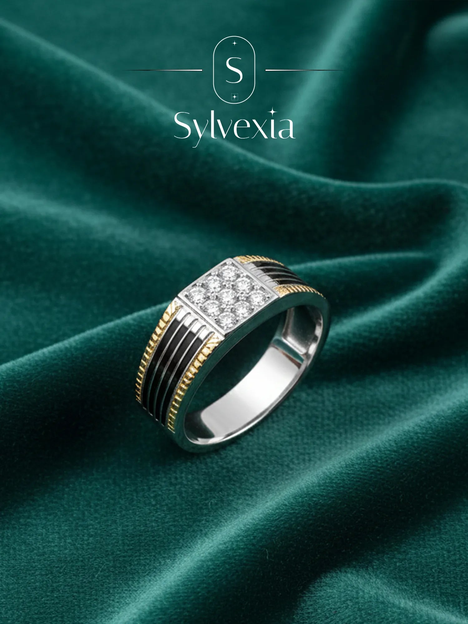 Sylvexia Two-Tone Gold & Silver CZ Cluster Men’s Ring