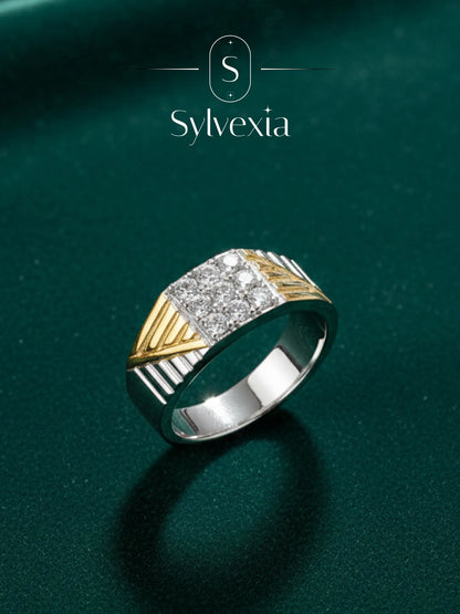 Sylvexia 925 Sterling Silver Two Tone CZ Ring for Men | Gold & Silver Designer Ring
