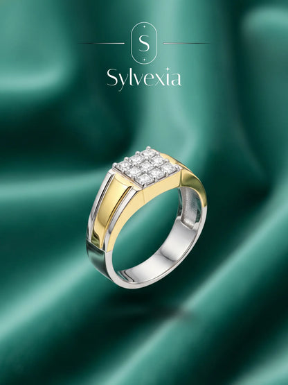 Sylvexia Men’s Two-Tone Gold & Silver CZ Cluster Designer Ring