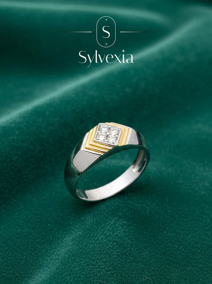 Sylvexia 925 Sterling Silver Gold Plated Ring for Men – Square CZ Stone Designer Ring | Premium Dual Tone Jewellery for Boys & Men