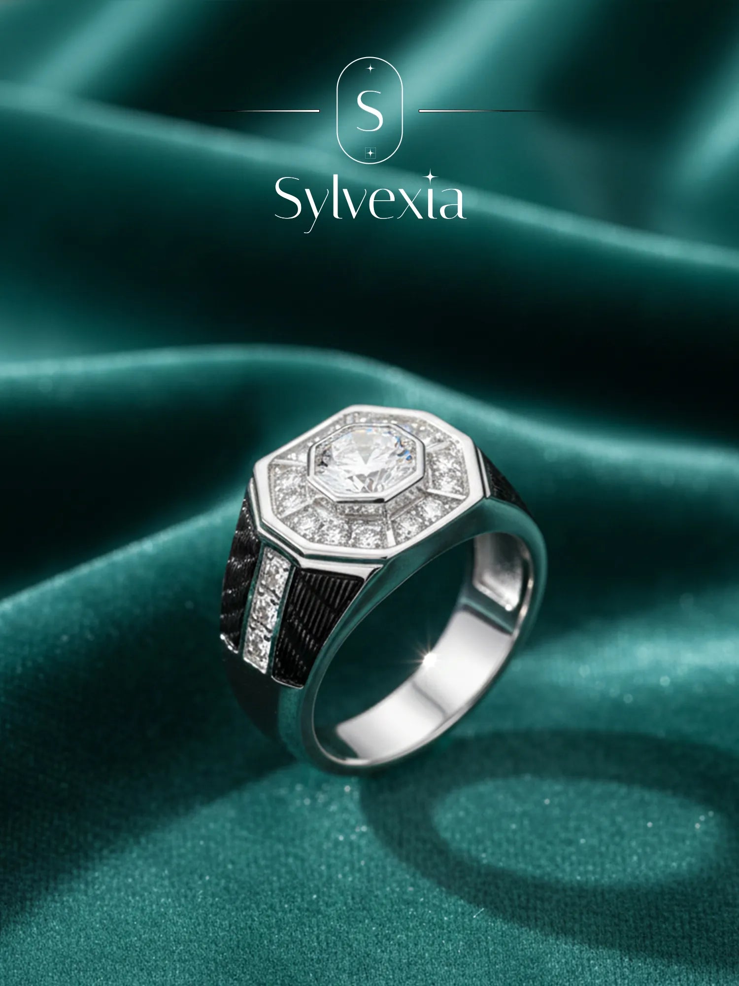 Sylvexia 925 Sterling Silver Octagon Ring for Men Black Enamel Designer Ring