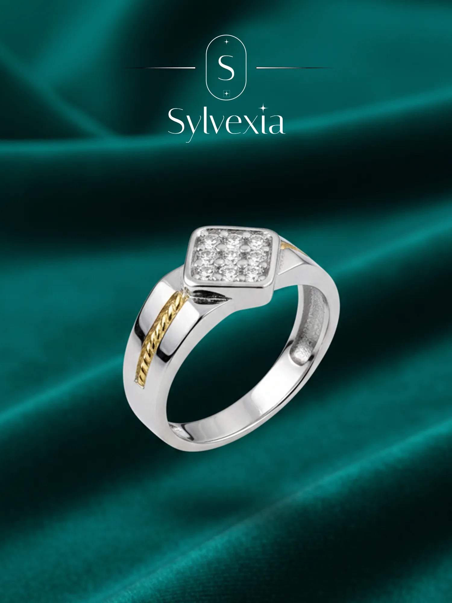 Sylvexia Men’s Two-Tone Square CZ Ring | Silver & Gold Stylish Statement Ring for Men