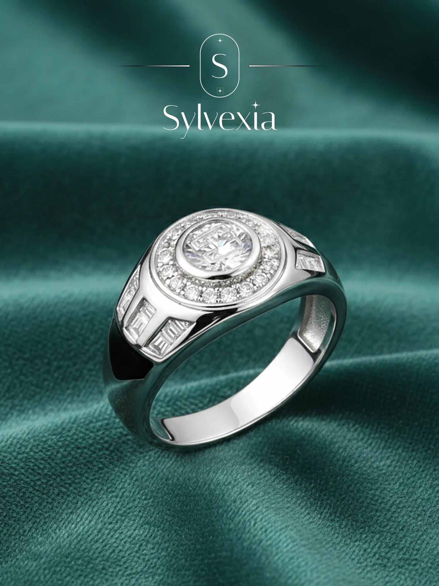 Sylvexia Men’s Silver Halo CZ Black Accent Designer Ring