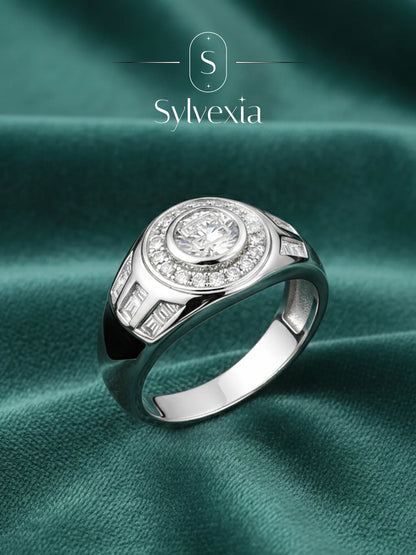 Sylvexia Men’s Silver Halo CZ Black Accent Designer Ring