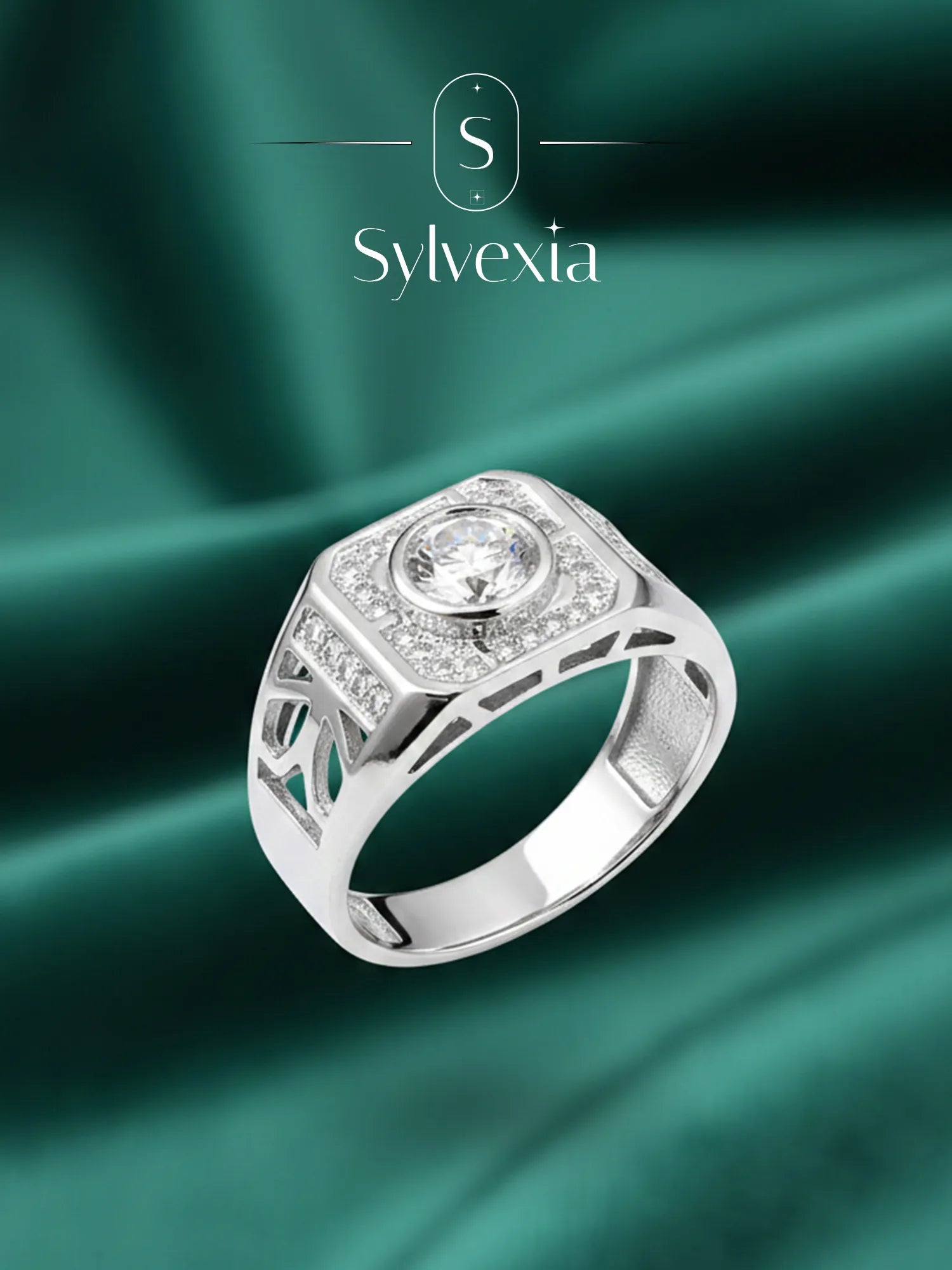 Sylvexia Men’s Silver Round Halo CZ Ring | Geometric Cut Designer Statement Ring