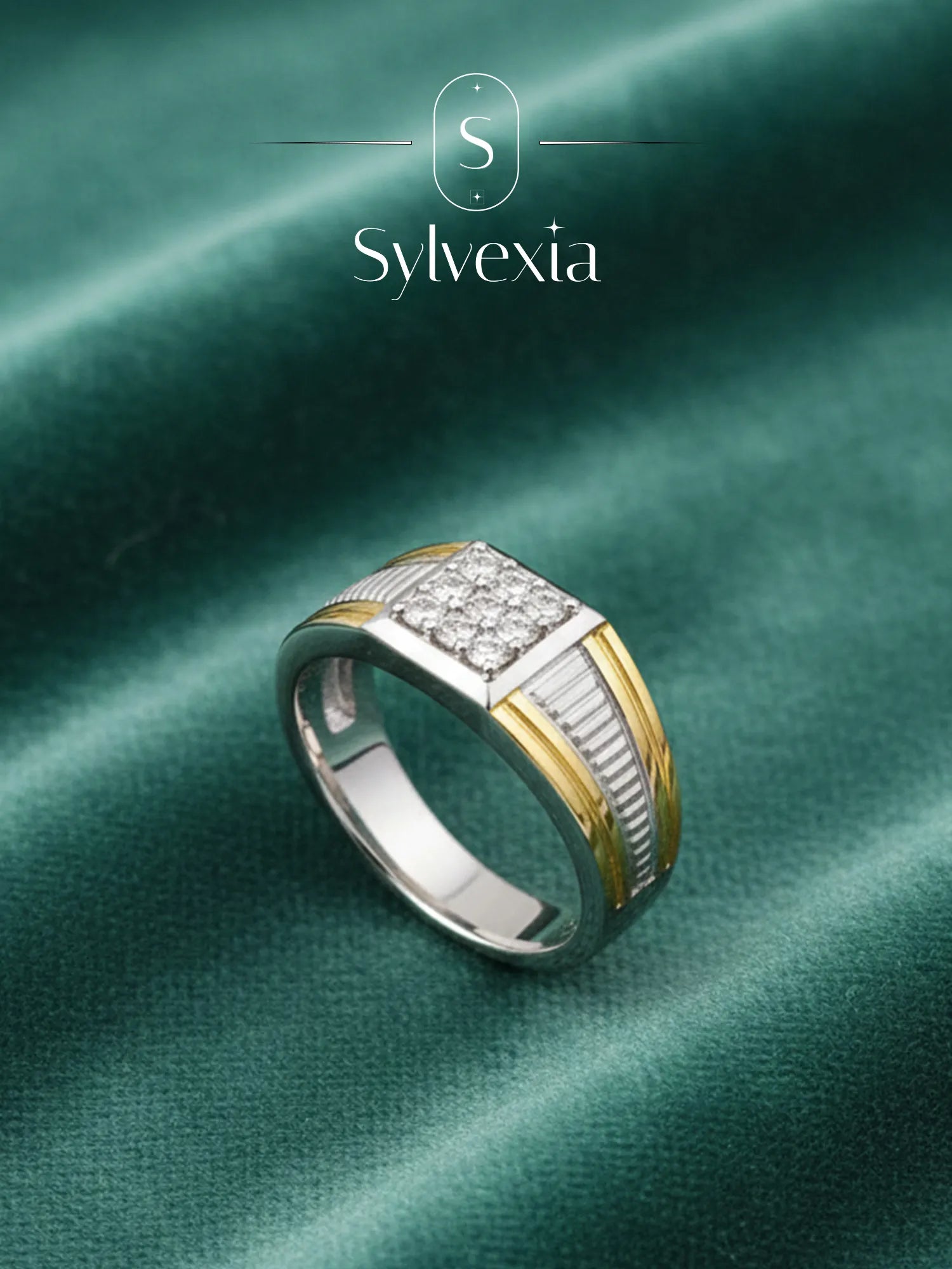 Sylvexia Two Tone CZ Stone Ring for Men Square Cluster Designer Silver & Gold Ring