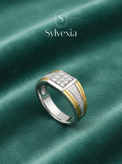 Sylvexia Two Tone CZ Stone Ring for Men Square Cluster Designer Silver & Gold Ring