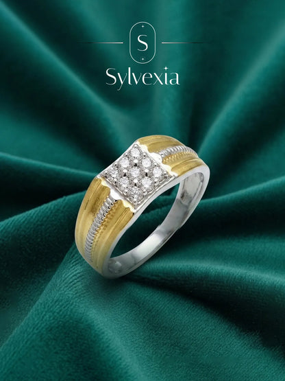Sylvexia 925 Sterling Silver Two Tone CZ Square Ring for Men | Gold & Silver Statement Band