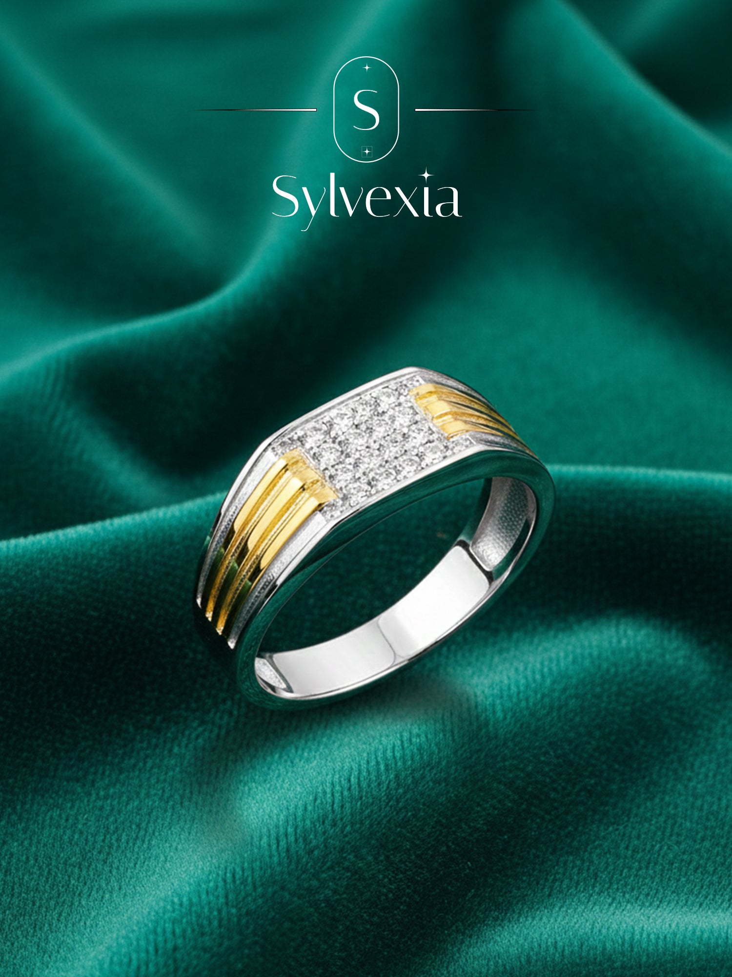 Sylvexia 925 Sterling Silver Two Tone CZ Band Ring for Men | Gold Accent Statement Ring