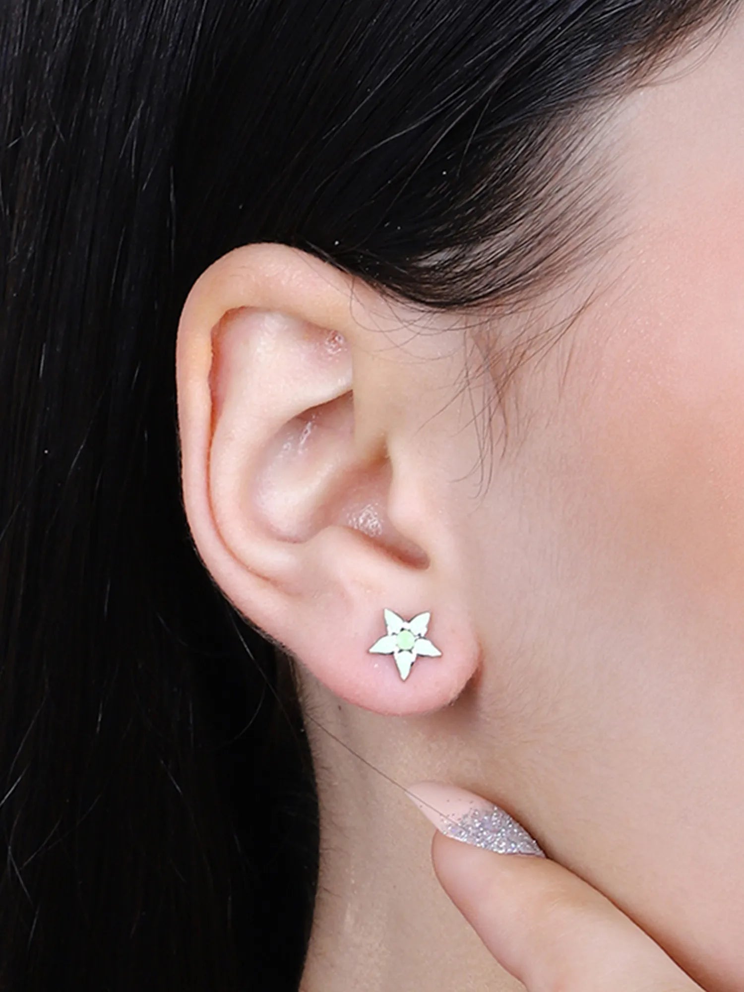 Sylvexia Silver Mint Green Floral Star Stud Earrings