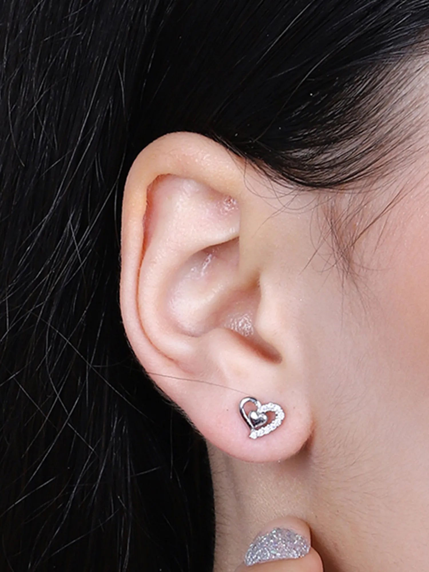 Sylvexia Silver Double Heart Crystal Stud Earrings