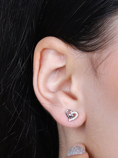 Sylvexia Silver Double Heart Crystal Stud Earrings