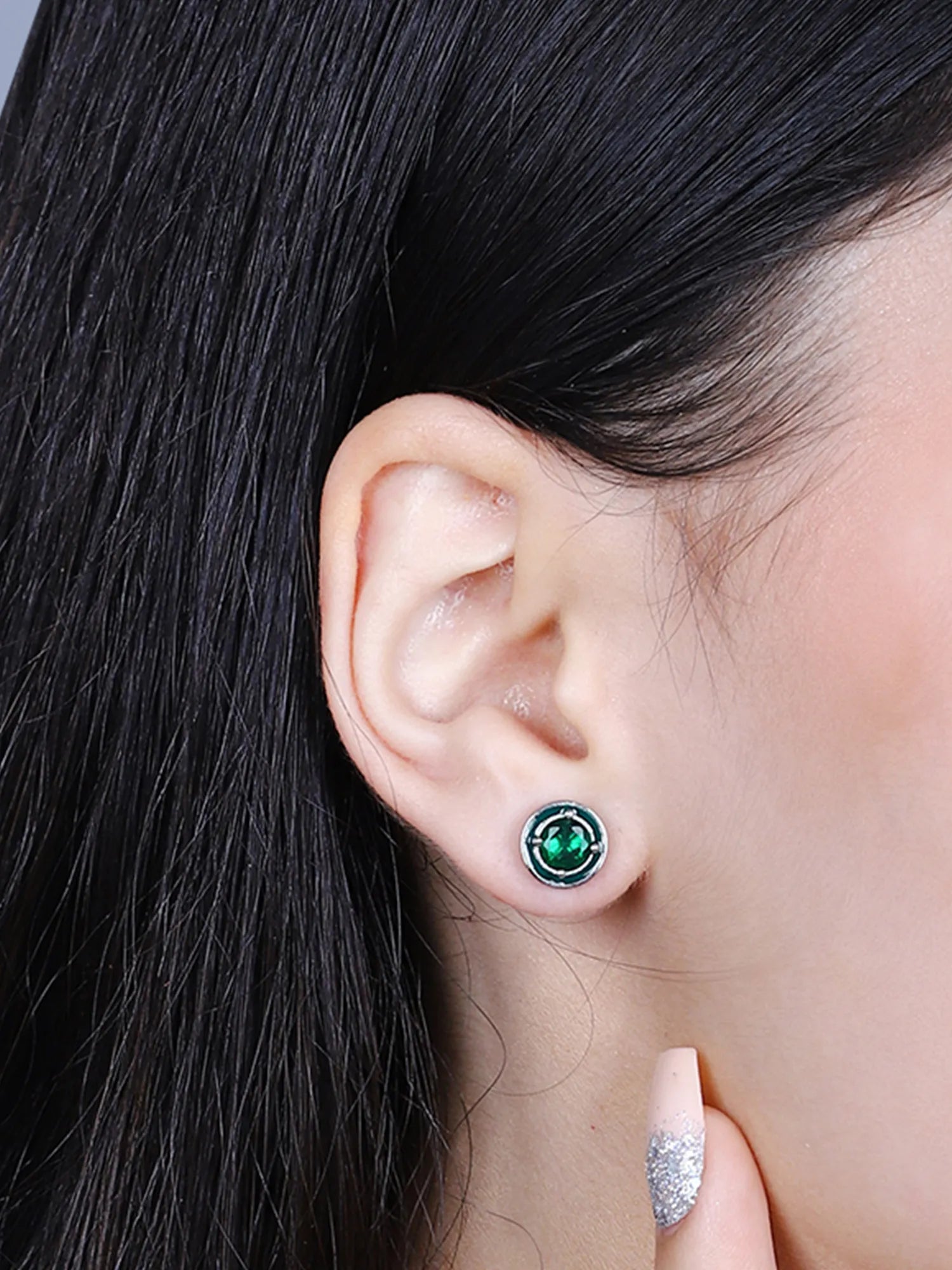 Sylvexia Silver Emerald Green Round Crystal Stud Earrings