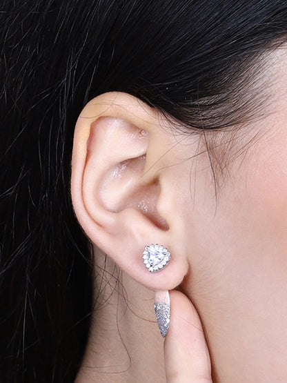 Sylvexia  Silver  Teardrop Halo Crystal Stud Earrings for Women