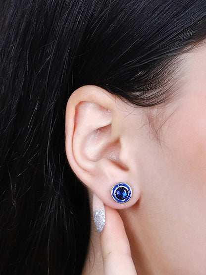 Sylvexia Silver Royal Blue Round Crystal Stud Earrings