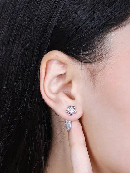 Sylvexia Silver Double Layer Floral Crystal Stud Earrings