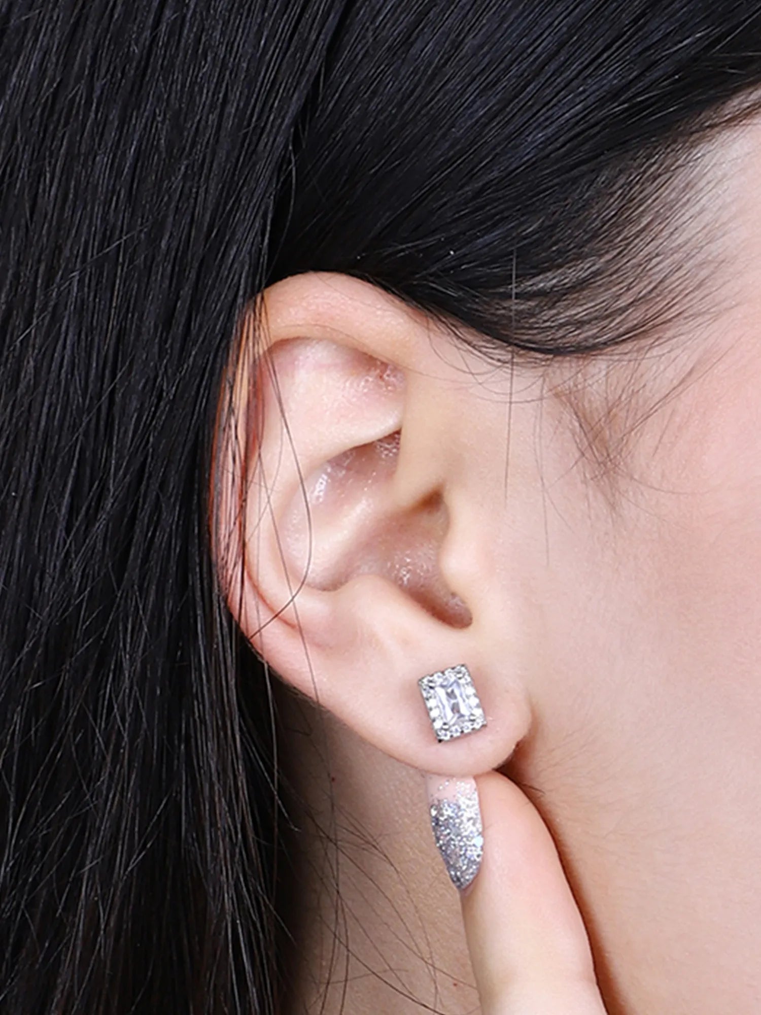 Sylvexia Silver Rectangle Halo Crystal Stud Earrings