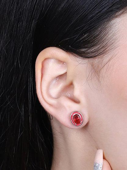 Sylvexia Silver Ruby Red Oval Crystal Stud Earrings
