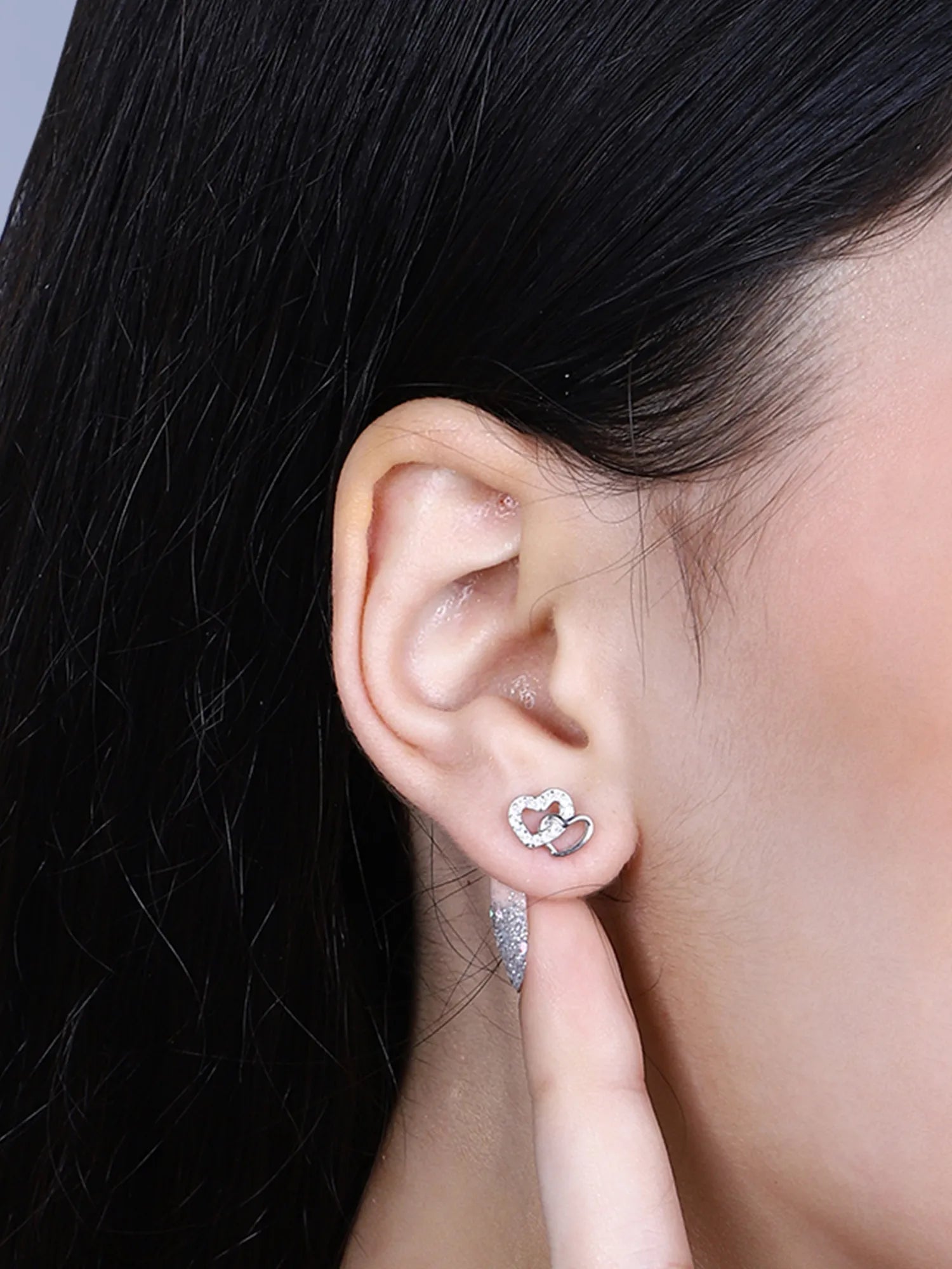 Sylvexia Double Heart Silver Stud Earrings for Women