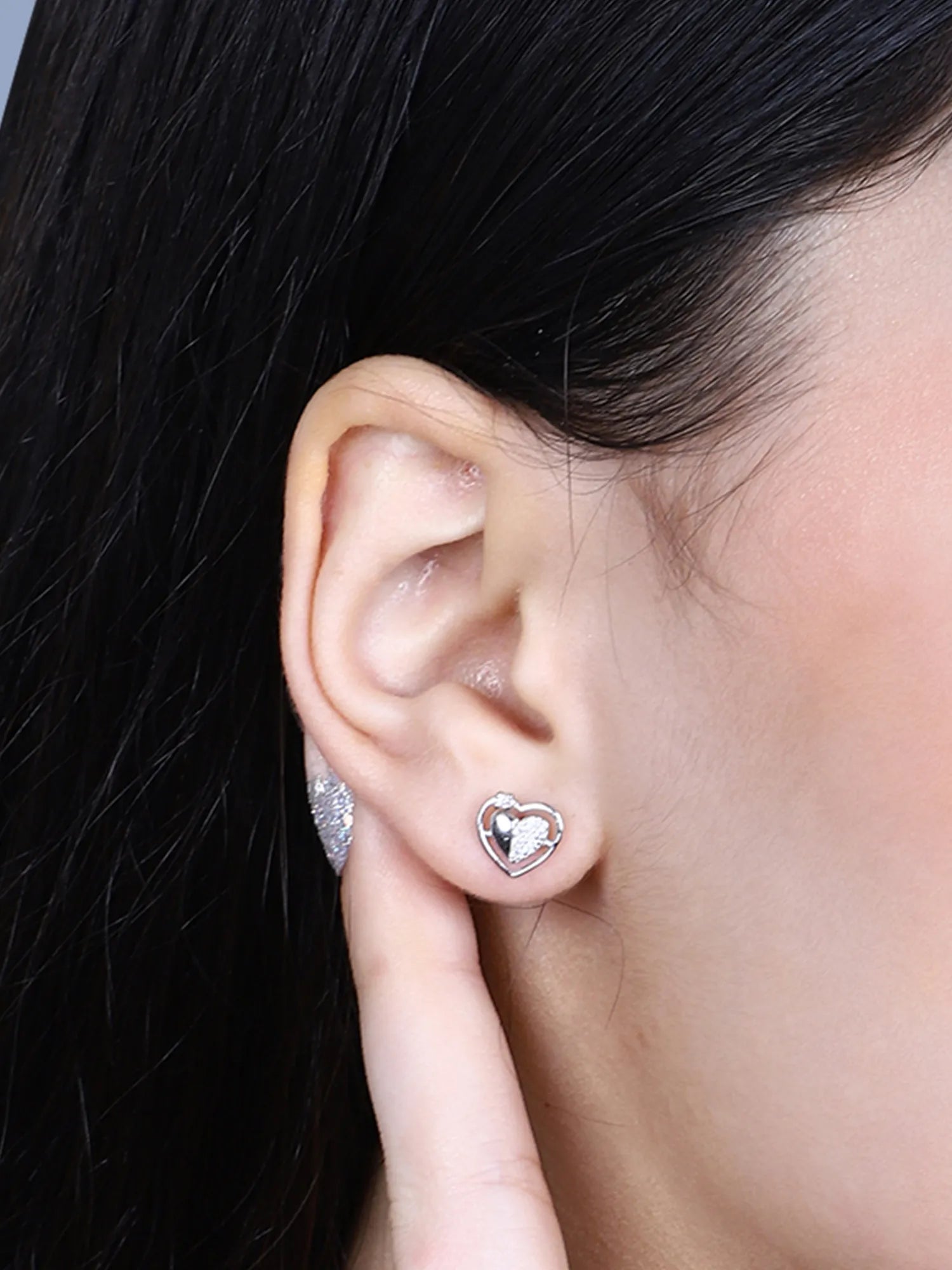 Sylvexia Silver Split Heart Crystal Stud Earrings
