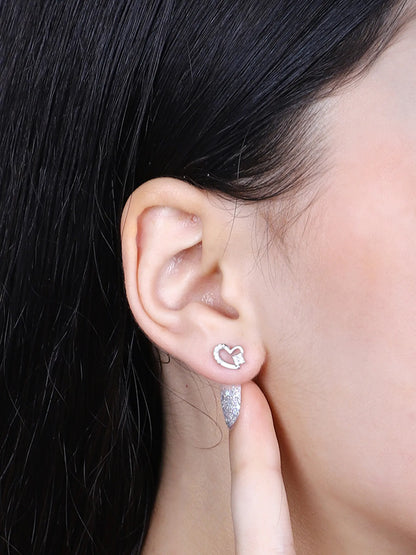 Sylvexia Silver Open Heart Cluster Crystal Stud Earrings
