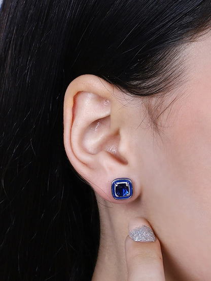 Sylvexia Royal Blue Crystal Square Stud Earrings