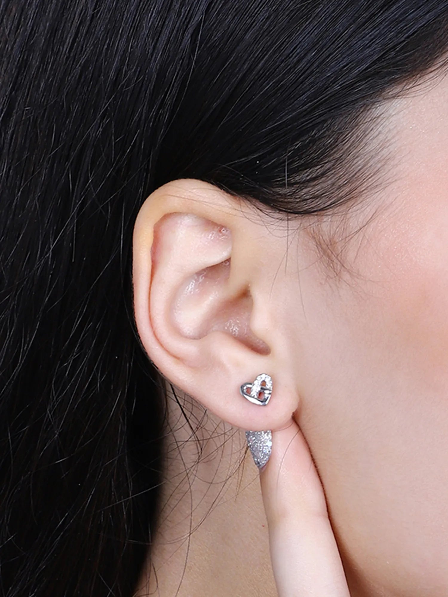 Sylvexia Silver Interlocked Heart Crystal Stud Earrings