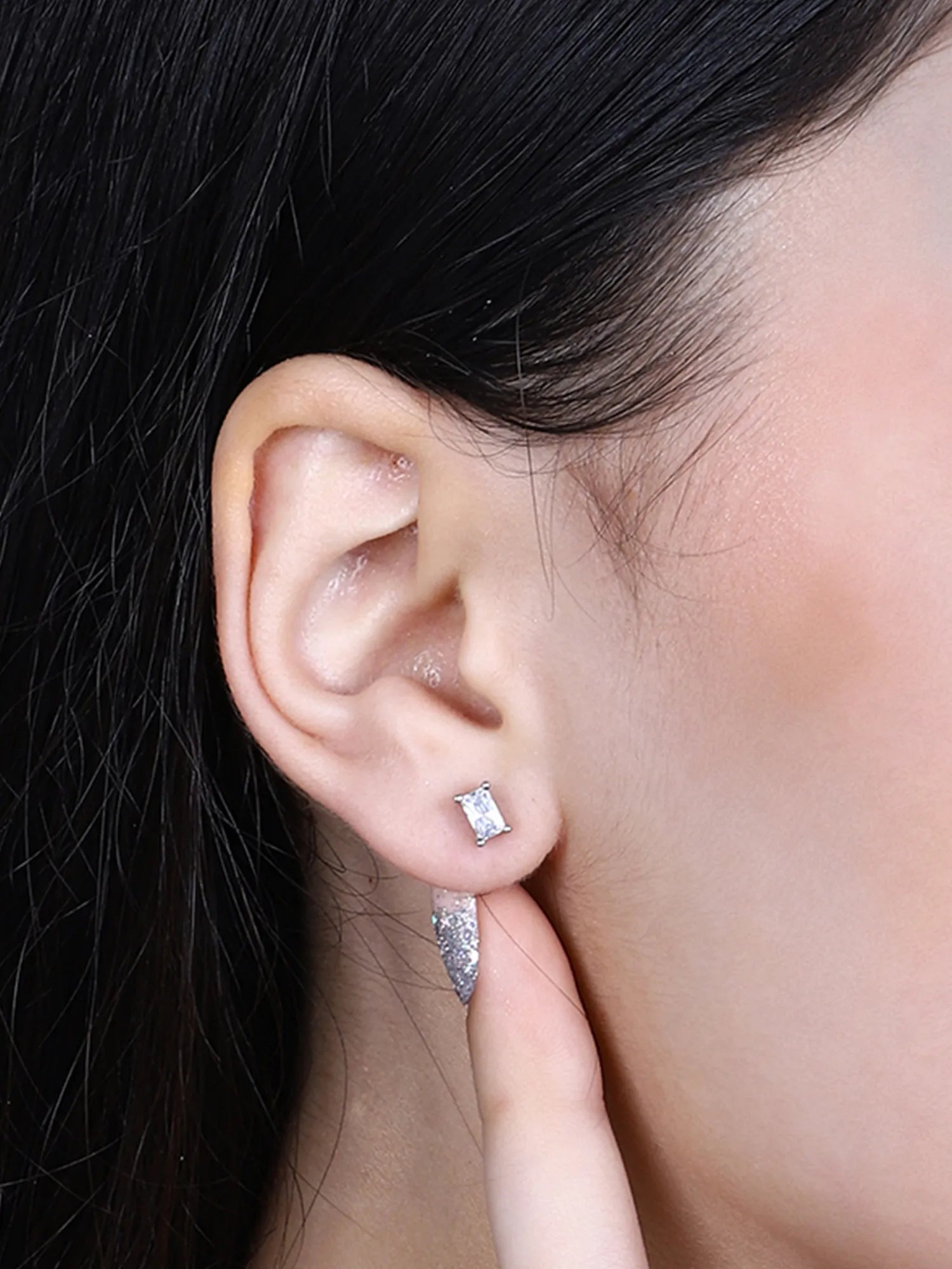 Sylvexia Silver Baguette Crystal Stud Earrings