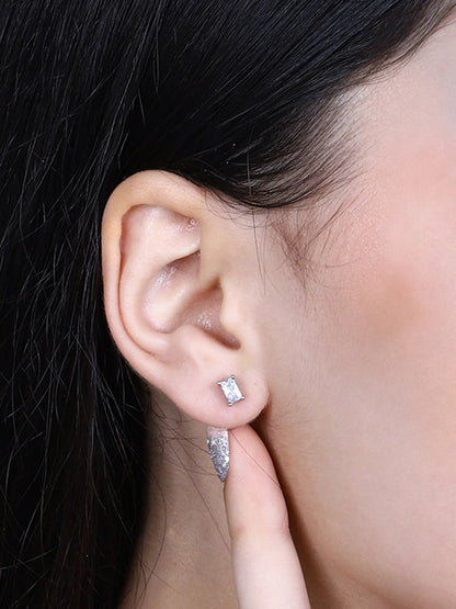 Sylvexia Silver Baguette Crystal Stud Earrings