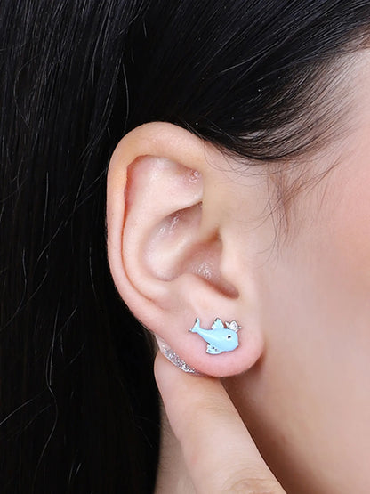 Sylvexia Silver Blue Dolphin Star Stud Earrings