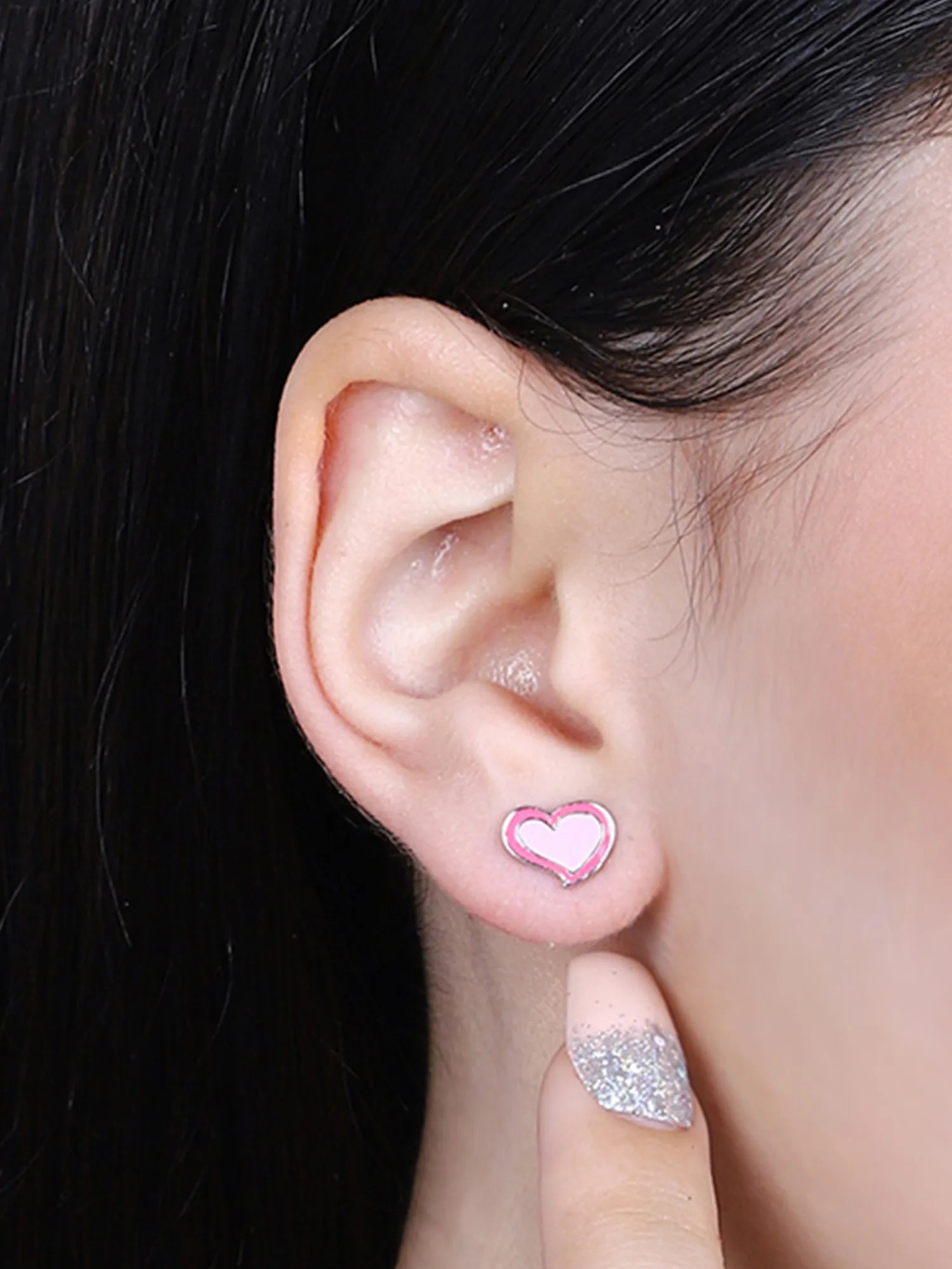 Sylvexia Silver Pink Heart Enamel Stud Earrings