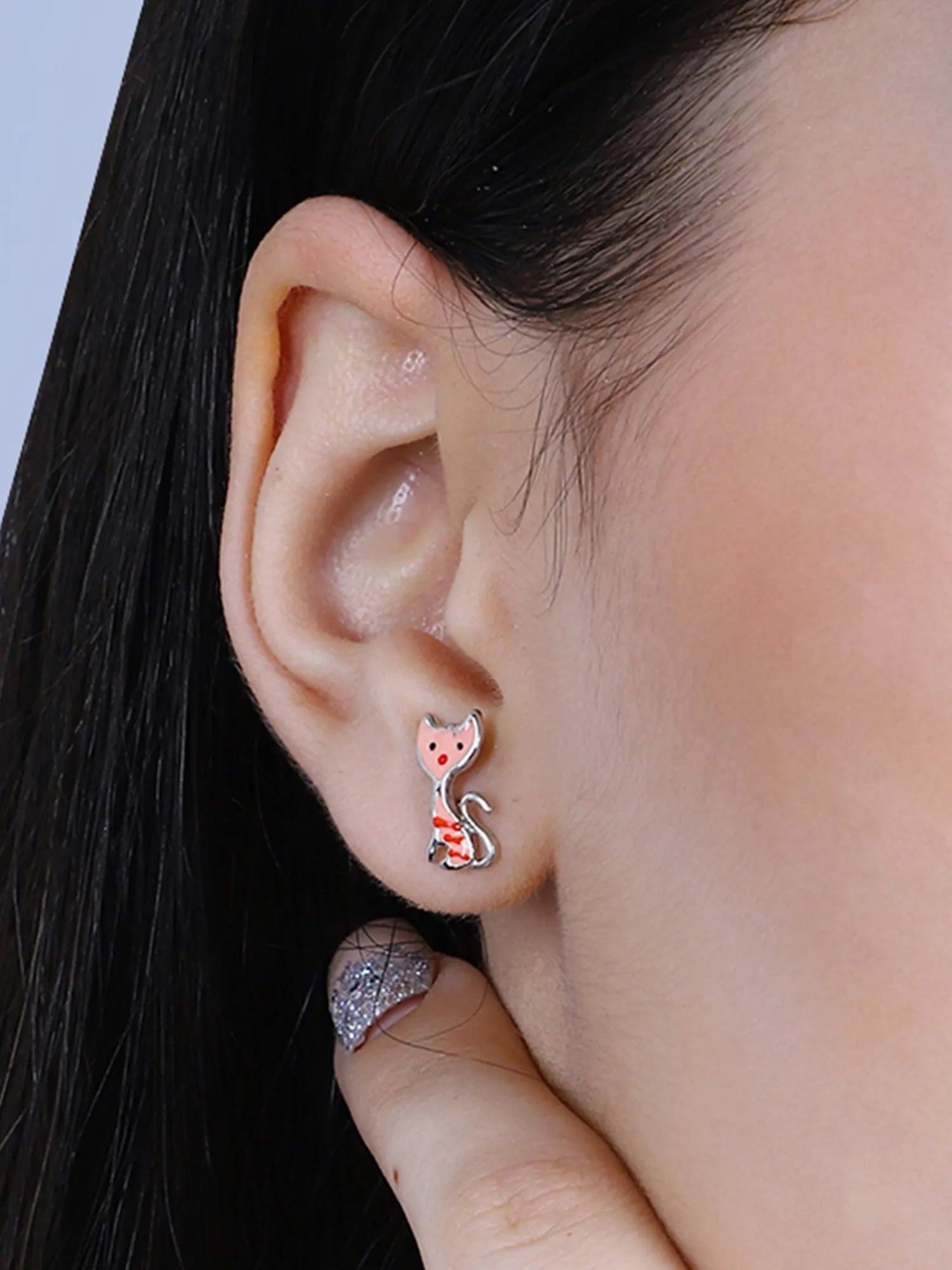 Sylvexia Silver Pink Cat Charm Earrings | Cute Cat Design Dangle Earrings for Women & Girls