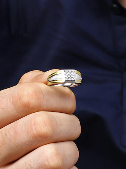Sylvexia Two Tone CZ Stone Ring for Men Square Cluster Designer Silver & Gold Ring