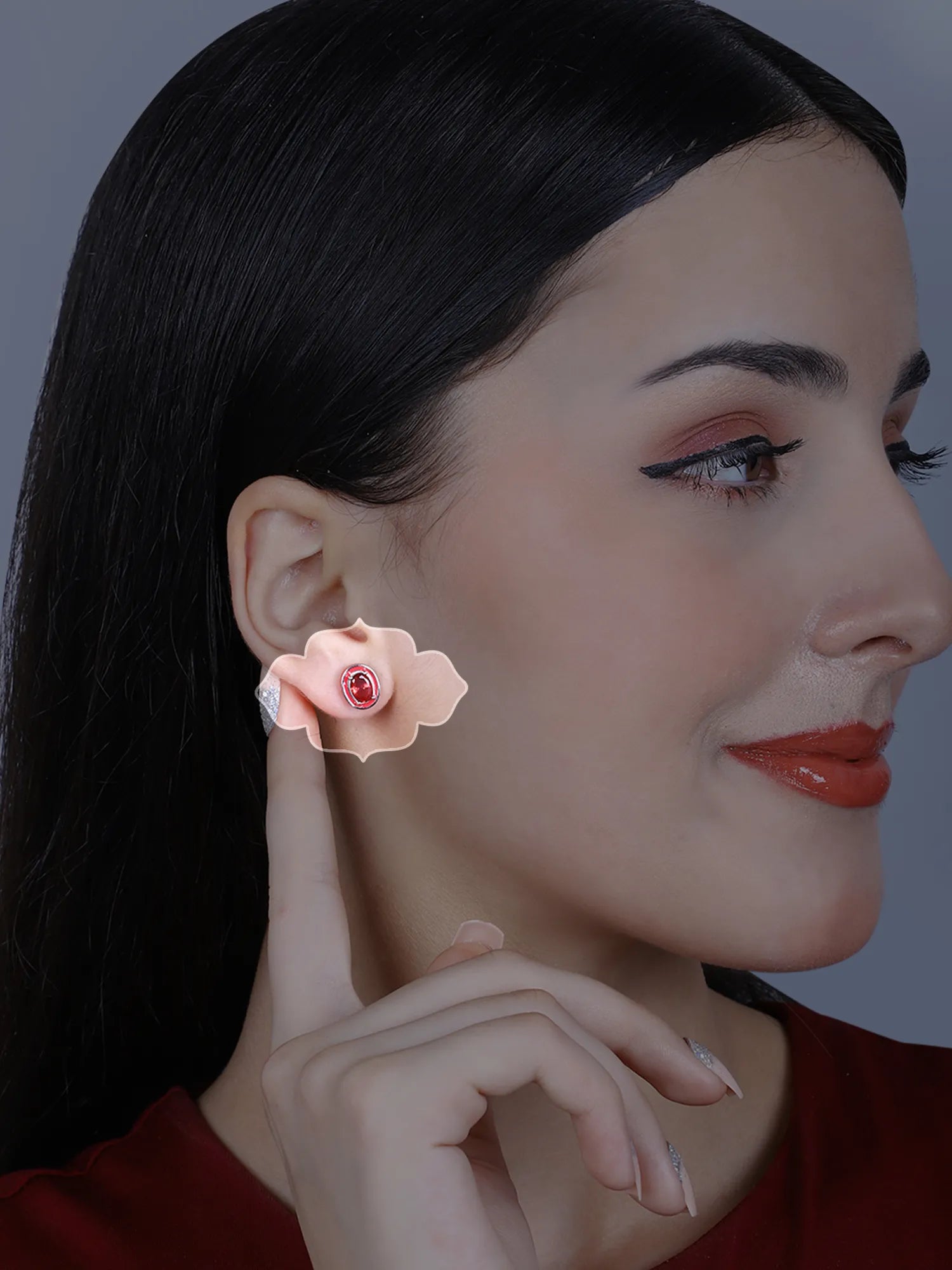 Sylvexia Silver Ruby Red Oval Crystal Stud Earrings