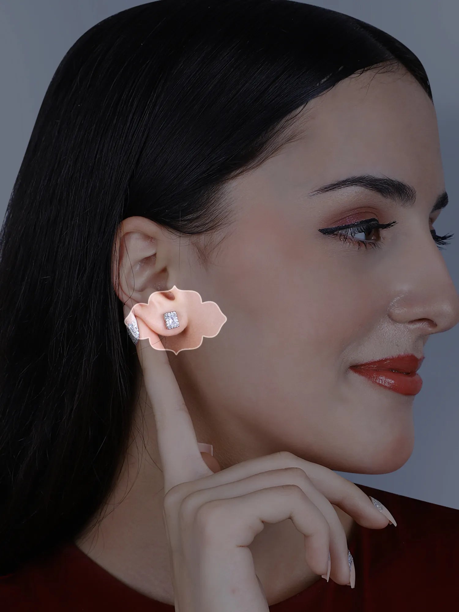 Sylvexia Silver Rectangle Halo Crystal Stud Earrings
