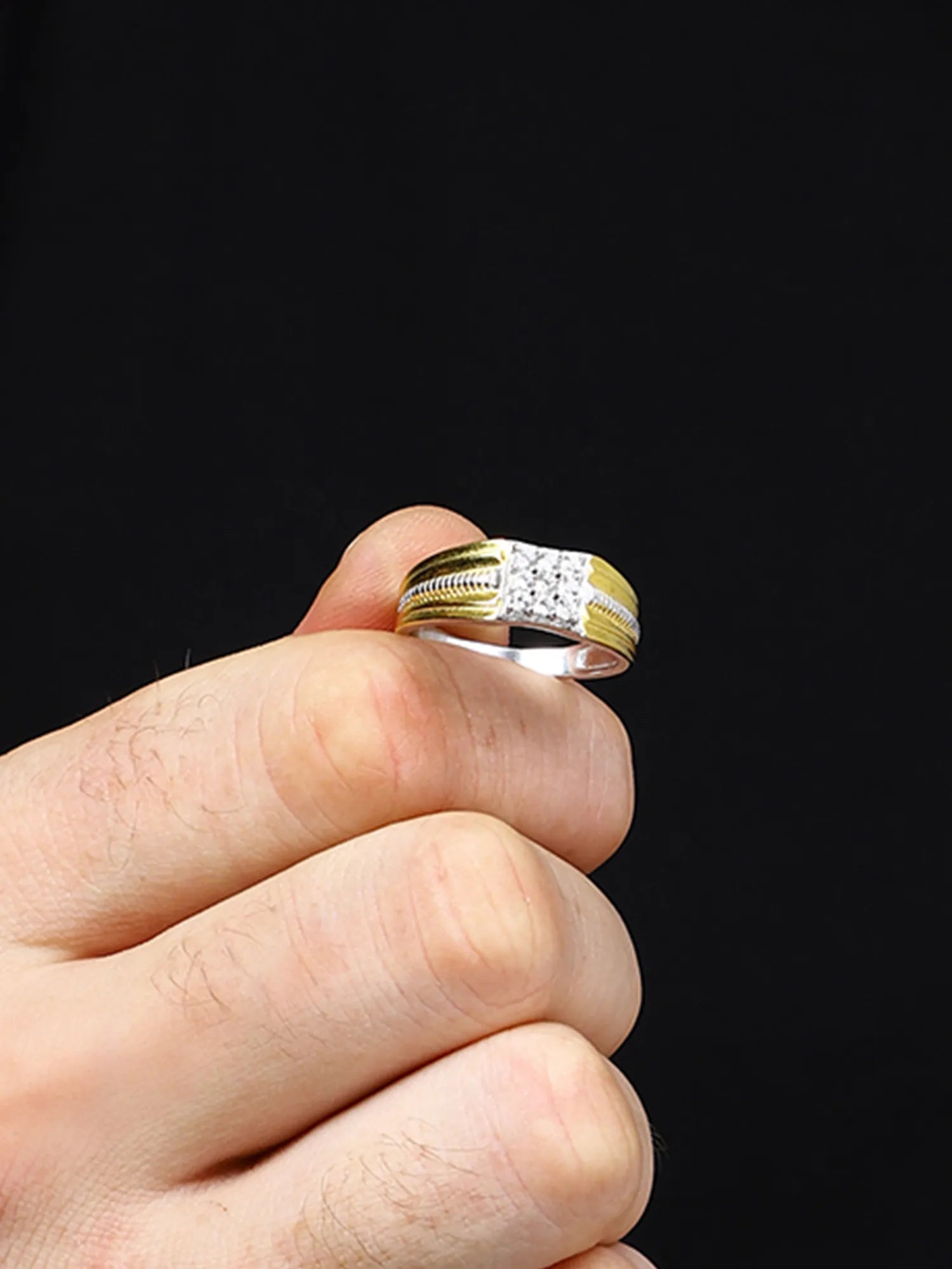 Sylvexia 925 Sterling Silver Two Tone CZ Square Ring for Men | Gold & Silver Statement Band
